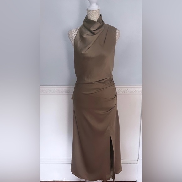 MISHA COLLECTION Robbia Satin High Neck Draped Midi Dress In Dusty Olive Size 4 - Picture 3 of 16